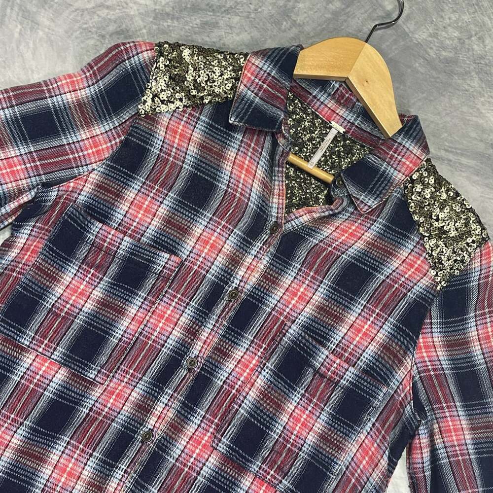 Free People Little Bit of Sugar Plaid Sequin Flannel Button Down Shirt XS